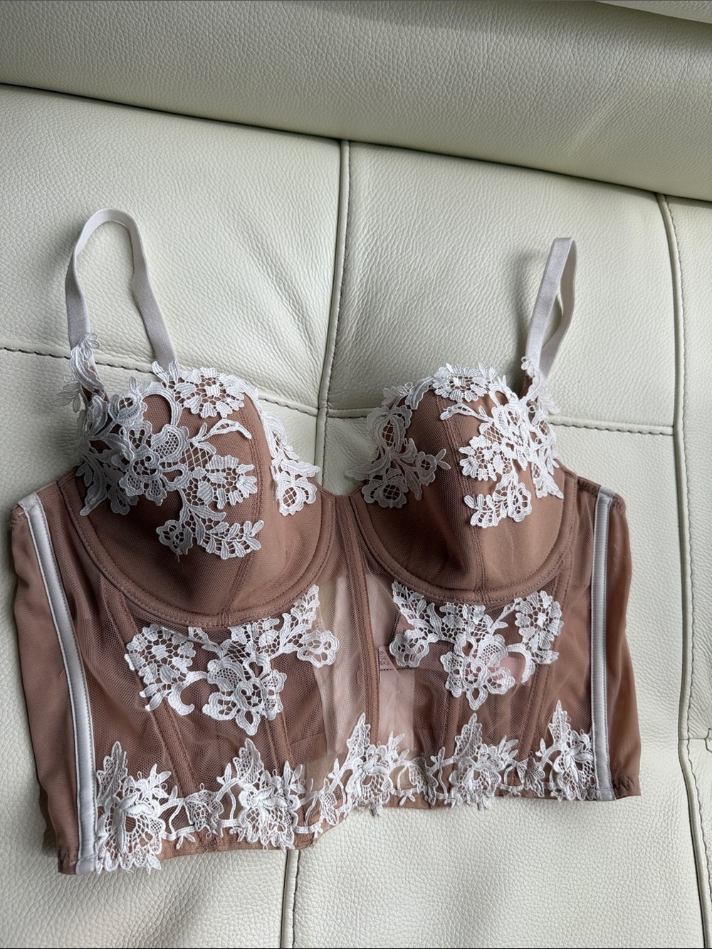 Victoria’s Secret Tan and White lace detail Bustier Bra Top